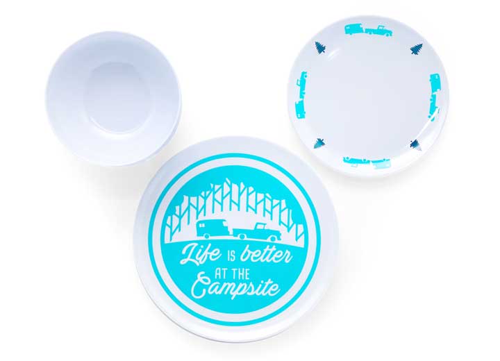 Camco LIBATC, DINNERWARE SET, 12PC, MELAMINE BLUE RV-TREES