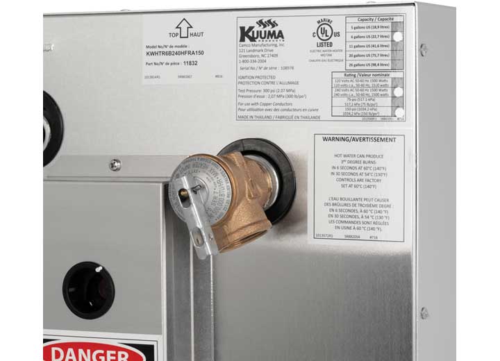 Camco 6 GAL ELECTRIC WATER HEATER, 240V (L1&L2 WIRING) REAR HEAT EXCH,FR/BACK MOUNT