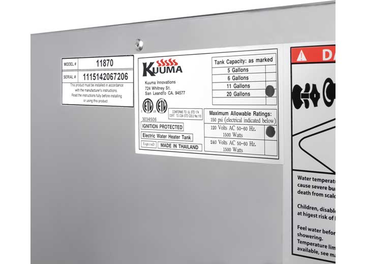 Camco 20 GAL ELECTRIC WATER HEATER, 120V FRONT HEAT EXCH,VERT,BTMMT