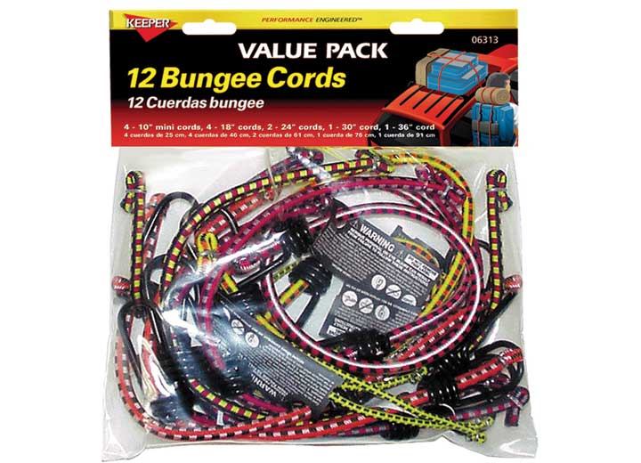 Keeper BUNGEE CORD, MULTI-PACK, 12 PIECES, CONTAINS 4-10IN, 4-18IN, 2-24IN, 1-30IN, 1-3