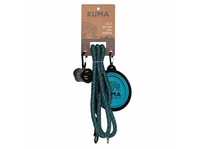 KUMA Outdoor Gear 3 in 1 Dog Leash, Collapsible Bowl, & Waste Bag Dispenser – Aqua/Black