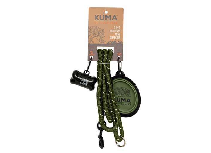 KUMA Outdoor Gear 3 in 1 Dog Leash, Collapsible Bowl, & Waste Bag Dispenser – Green/Grey
