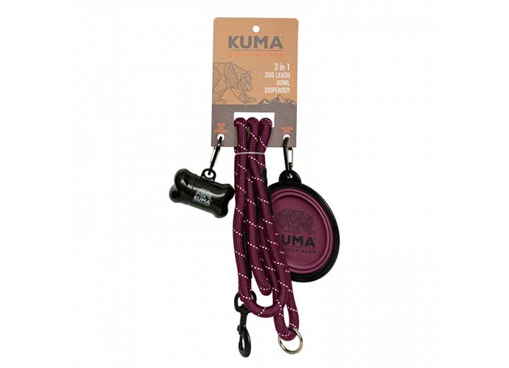 KUMA Outdoor Gear 3 in 1 Dog Leash, Collapsible Bowl, & Waste Bag Dispenser – Purple/Grey
