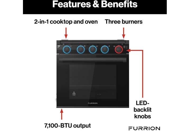 Lippert FURRION 21 IN ALL GLASS GAS RANGE - 2 COLOR LED KNOB - BG WITH SILVER HANDLE