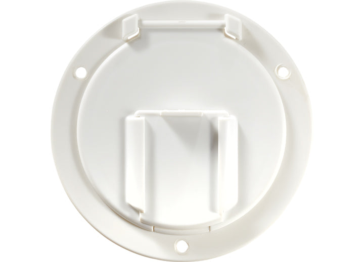 RV Designer LOW PROFILE CABLE HATCH, ROUND, POLAR WHITE -- 4.6IN X 2.6IN (REPLACEABLE LID)