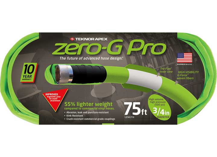 Teknor Apex ZERO-G PRO HOSE, 3/4INX75FT COMMERCIAL GRADE CRUSH-RESISTANT COUPLING W/BRASS INSERT, 500 PSI-RATED