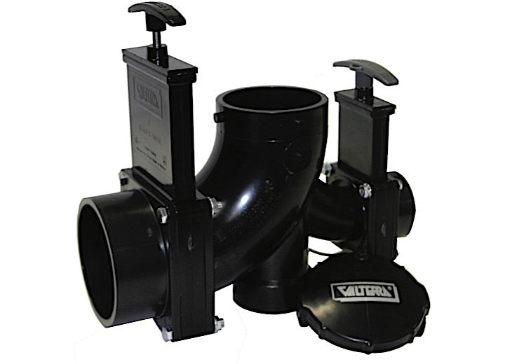 Valterra Products LLC ELL DOUBLE ROTATING VALVE, 3IN HUB X 1-1/2IN HUB X 2IN HUB X 3IN BAYONET CAP