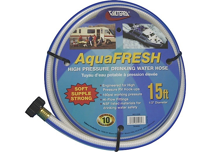 Valterra Products LLC Valterra AquaFRESH High Pressure Drinking Water Hose, 1/2” x 15” – White