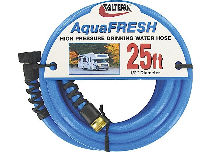 Valterra Products LLC Valterra AquaFRESH High Pressure Drinking Water Hose with Hose Savers, 1/2” x 25” – Blue