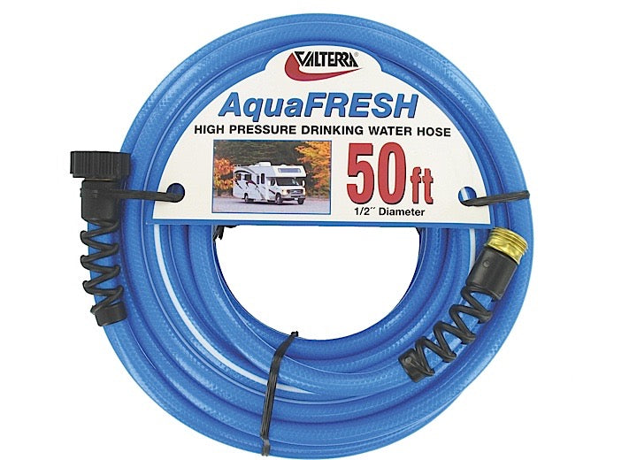 Valterra Products LLC Valterra AquaFRESH High Pressure Drinking Water Hose with Hose Savers, 1/2” x 50” – Blue