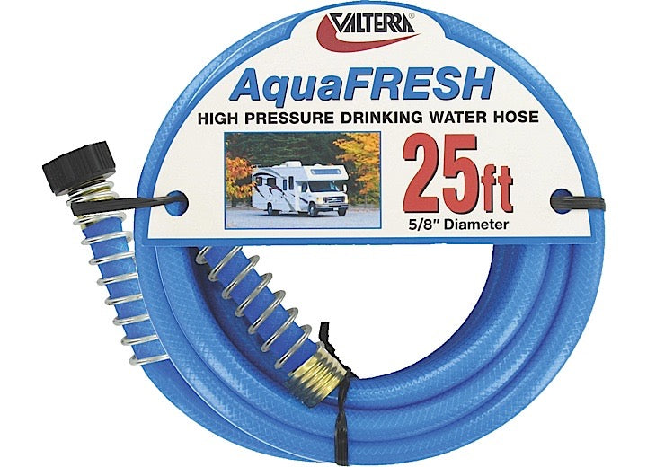Valterra Products LLC Valterra AquaFRESH High Pressure Drinking Water Hose with Hose Savers, 5/8” x 25” – Blue