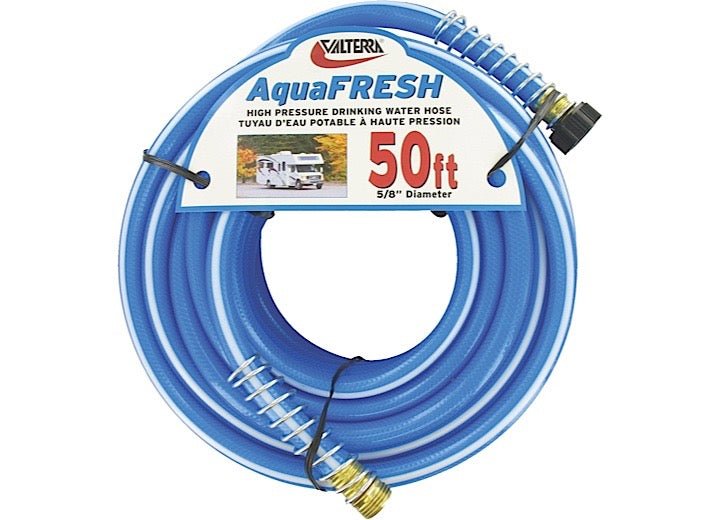 Valterra Products LLC Valterra AquaFRESH High Pressure Drinking Water Hose with Hose Savers, 5/8” x 50” – Blue