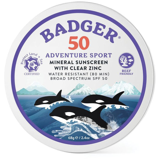 BADGER SPF 50 ADVENTURE SPORT MINERAL SUNSCREEN CREAM TIN 2.4OZ