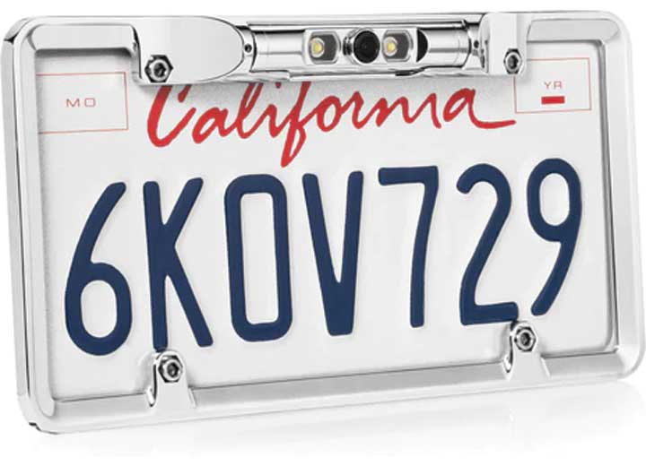 Boyo/Vision Tech FULL-FRAME LICENSE PLATE BACKUP CAMERA W/PARKING LINES AND LED LIGHTS; CHROME