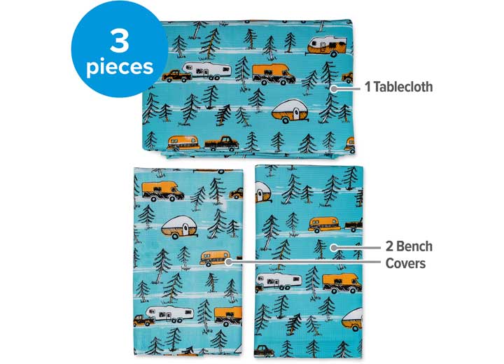 Camco LIFE IS BETTER AT THE CAMPSITE - TABLECLOTH W/ BENCH COVERS, SKETCH PATTERN