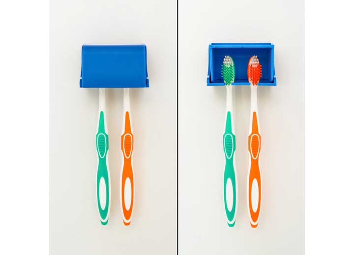 Camco Pop-A-Toothbrush Hygienic Toothbrush Holder for (2) Toothbrushes – Blue