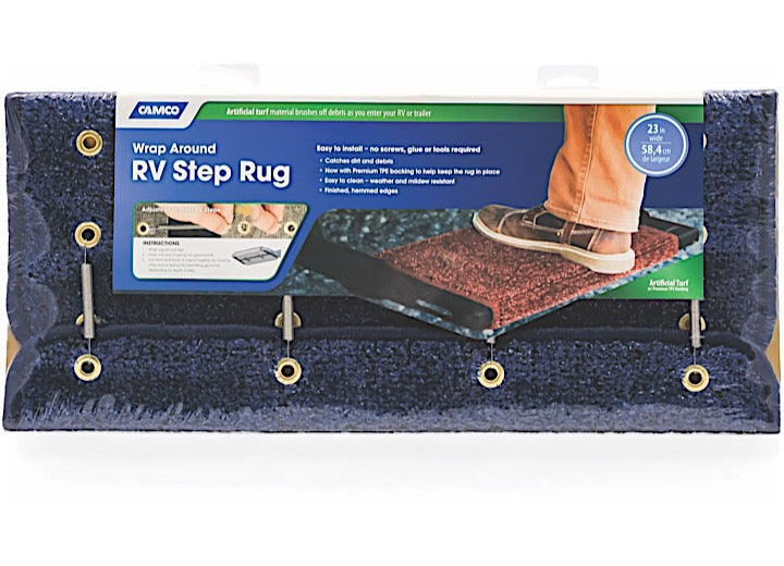 Camco Premium Wrap Around RV Step Artificial Turf Rug - 23" Wide Blue