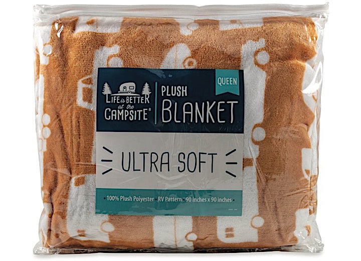 Camco LIFE IS BETTER AT THE CAMPSITE  FLEECE BLANKET, TAN, QUEEN