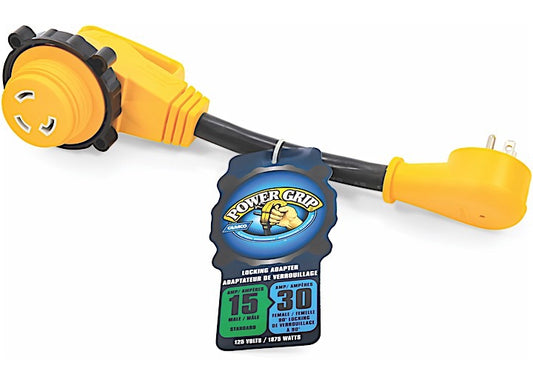 Camco Power Grip Dogbone Adapter - 12" 15 Amp 90° Male to 30 Amp 90° Locking Female (Card)