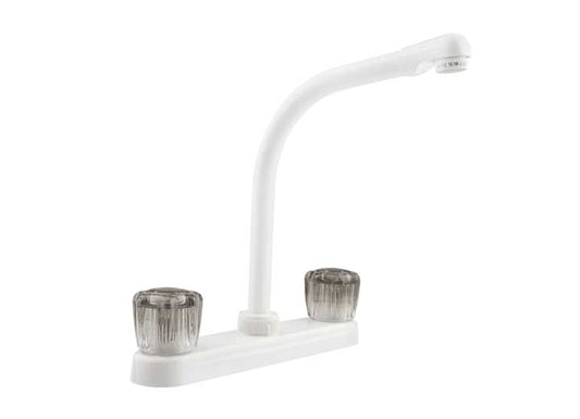 Dura Faucet Hi-Rise RV Kitchen Faucet – White with Smoked Knobs