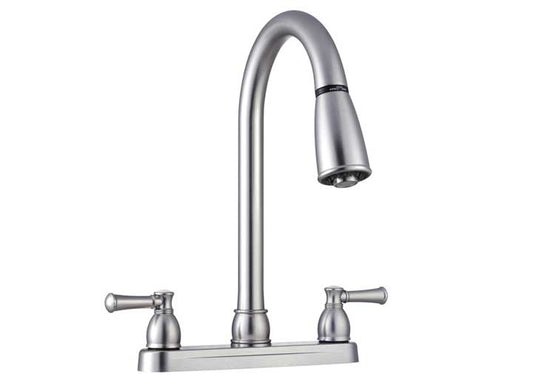 Dura Faucet Non-Metallic Dual Lever Pull-Down RV Kitchen Faucet – Brushed Satin Nickel