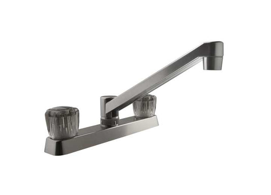 Dura Faucet Two Handle RV Kitchen Faucet – Brushed Satin Nickel with Smoked Knobs