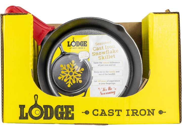 Lodge PACK OF 4 12IN CAST IRON SNOWFLAKE SKILLET W/RED SILICONE HANDLE HOLDER , TRAY PACK OF 4