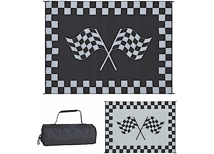 MG Innovative Ming’s Mark Stylish Camping 9 ft. x 12 ft. Racing Flag Mat - Black/White