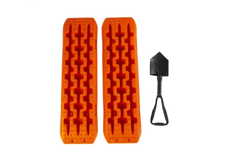 RUGGED RIDGE TRACTION RECOVERY KIT: INCLUDES TWO ORANGE NYLON TRACTION BOARDS&FOLDING SHOVEL