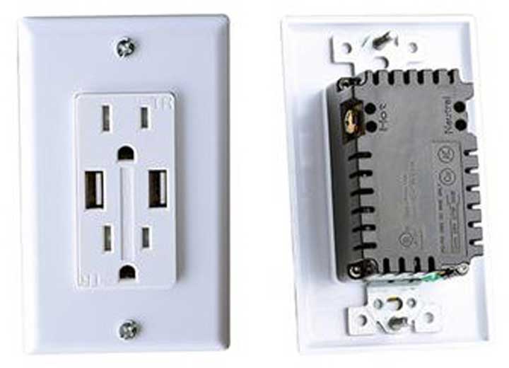 RV Designer AC DUAL OUTLET W/ COVER & 2 USB CHARGE PORTS, WHITE