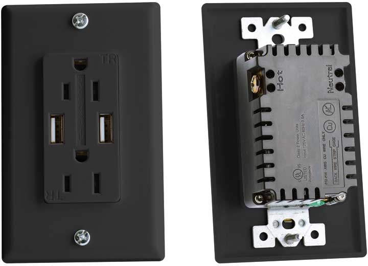 RV Designer AC DUAL OUTLET WITH COVER & 2 USB CHARGE PORTS BLACK