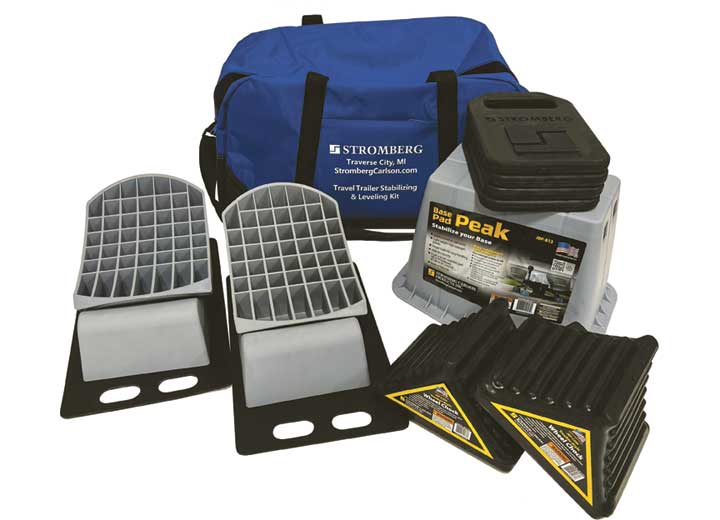 Stromberg Carlson Products, Inc TRAVEL TRAILER LEVELER KIT, INCLUDES 2 BASE PAD LEVELERS, 1 PEAK, 4 PADS AND 2 WHEEL CHOCKS
