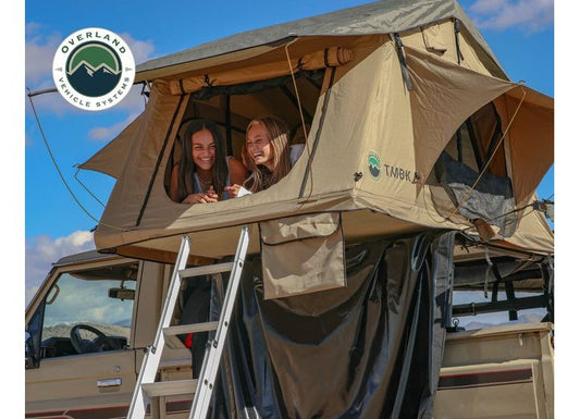 Overland Vehicle Systems / Up Down Air TMBK 3 PERSON ROOF TOP TENT-TAN BASE W/ GREEN RAIN FLY, BLACK ALUMIMUM BASE, BLACK LADDER