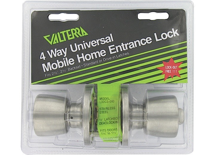 Valterra Products LLC DOOR LOCK, ENTRANCE, 4-WAY UNIVERSAL, KNOB X KNOB, SS, CLAM SHELL