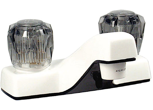 Valterra Products LLC LAVATORY FAUCET, 4IN, 2 SMOKE KNOBS, PLASTIC, WHITE