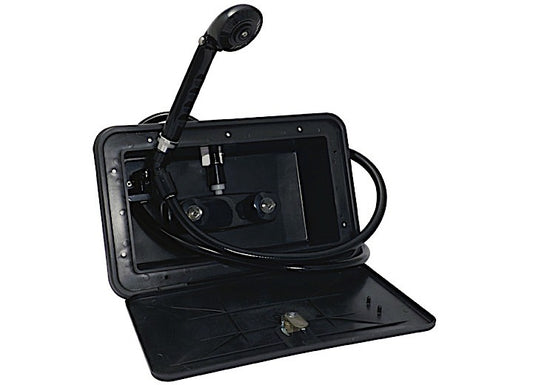 Valterra Products LLC EXTERIOR SHOWER BOX WITH 59IN VINYL HOSE, 1/4 TURN, PLASTIC, BLACK