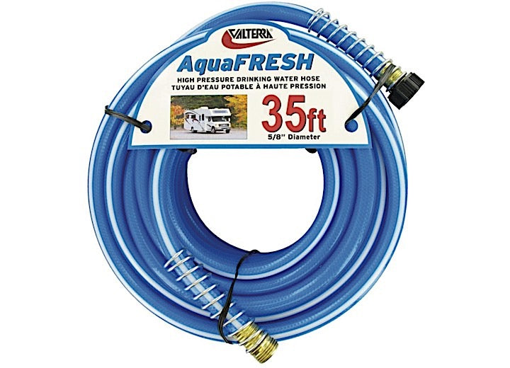 Valterra Products LLC Valterra AquaFRESH High Pressure Drinking Water Hose with Hose Savers, 5/8” x 35” – Blue