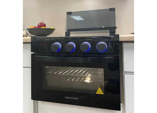 Way Interglobal GREYSTONE 17IN BLACK, 2 IN 1 GAS INDIGITALIN RANGE, CAST IRON GRATES, GLASS TOP