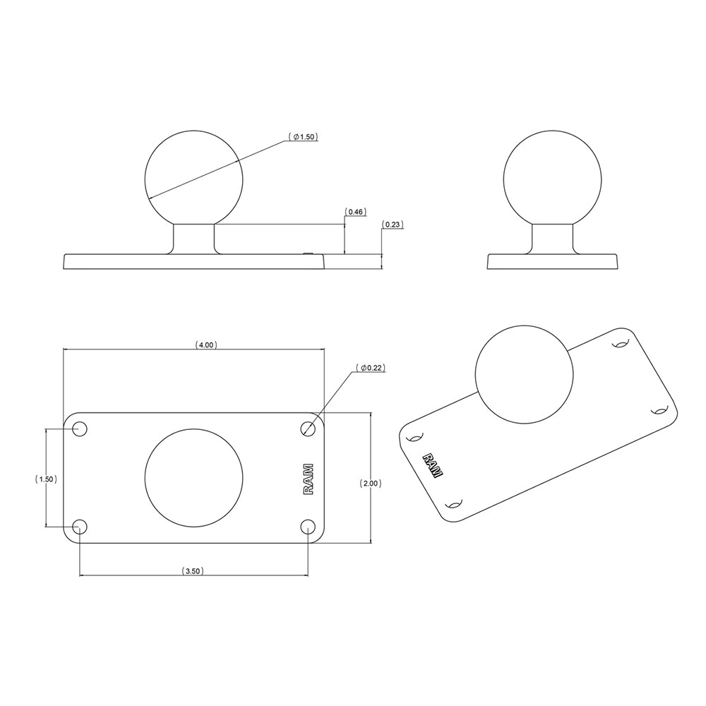 RAM Mount 2" x 4" Rectangle Base w/1.5" Ball [RAM-202U-24]